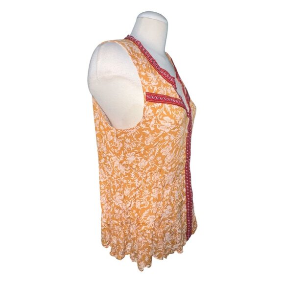 Democracy Sleeveless Boho Floral Top With Red Embroidery Trim Sz Large Womens - Picture 4 of 10